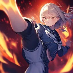 Clear focus,High resolution, Girl wearing a sailor uniform, Kicking pose, fire around her, straight face