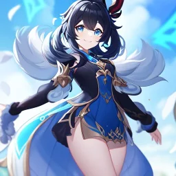 Clear focus,High resolution, Black short fluffy hair, and blue eyes, wearing a Genshin Impact inspired outfit, detailed clothes,must be wearing a short skirt, Smiling