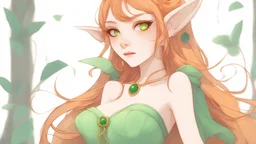 Cute Elf with orange hair and glowing green eyes She wears a light green dress