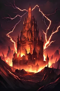Medieval castle, on a island, volcanic background, stormy night, lightning, single image, no people