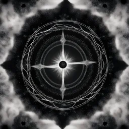 A symbol of a flame surrounded my magical particles, black and white art, religious symbol