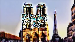 A Tesla semi-truck is racing at top speed, by the Notre-Dame Cathedral, in Paris. CINEMATIC. WIDE ANGLE LENS. PHOTO REAL.