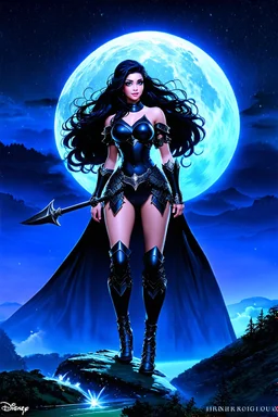 A BEAUTIFUL GIRL, BLACK LONG HAIRED, BIG BUB, NICE BODY, DRESSED A BLACK ARMOUR, WARRIOR AND AMAZON WOMAN, STAY ON TOP OF MPOUNTAIN, MOONSHINE AND FAIRY TURN AROUND HER, DARK NIGHT BACKGROUND, DISNEY STYLE GRAPHIC PICTURE