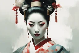 Jeremy Mann style painting, Oiran portrait, white make up on her face, traditional Kimono, digital matt painting, Jeremy Mann style, with rough paint strokes