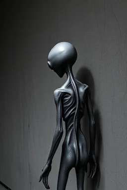 a gray alien standing by a wall pissing on wall back view he turned face to you scared