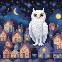 A 3d hd chibi mystical white owl perched, contrasting against a black cat strolling through a whimsically decorated town with vibrant, colorful houses under a starry night sky. Owl sits atop the cat's head, creating a strange and intriguing visual contrast. The scene exudes a magical and enchanting atmosphere, capturing the essence of a mysterious nocturnal adventure.