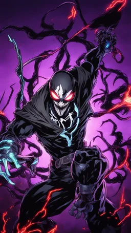 Mix between venom symbiote and Reaper in solo leveling shadow style with neon glowing blue