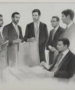 Pencil sketch of Four doctors are discussing ، on lined paper