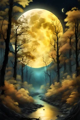 a translucent golden moon, looking down at a beautiful tri coloured fantasy forest