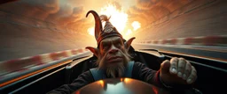 weird perspective worried yoga legend race car going sideways in ramp driver close up portrait of dj troll elf pilot looking down on cam, with background in the style of escher and giger, a chill contrapunctus fugue in the style of fsol, beethoven, goa trance breaks, dancefloor drum and bass, burning cars, fire and explosions