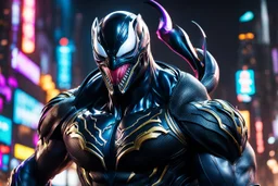 Venom in 8k cgi game artstyle, ronin costum, galaxy mask, cover face, dynamic pose, oshare kei, hurufiyya, rtx , neon lights, intricate details, highly detailed, high details, detailed portrait, masterpiece,ultra detailed, ultra quality