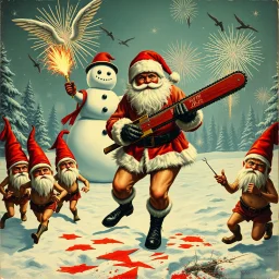 there is no kebabs at christmas, evil naked Santa, evil naked gnomes running around, staring flaming eyes, evil naked Rudolf, very big evil melting angry Frosty the snowman in background, 1940 christmas postcard, blood stains, Flying angels, Santa holding a chainsaw, fireworks,
