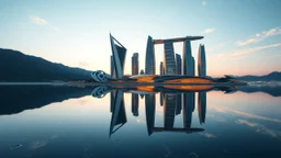 Innovative and awe-inspiring, a futuristic skyline emerges from the water, seamlessly blending sleek, modern structures with natural elements. The reflection of the buildings in the water creates a mesmerizing illusion of unity between man-made and natural elements. This striking photograph captures the essence of contemporary architecture harmonizing with the beauty of the environment. With crisp lines and vibrant colors, this image is a masterpiece of modern design merging effortlessly with th