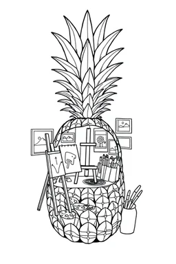 Pineapple Cozy Art Studio Coloring Page: A pineapple cross-section displaying an art studio. Features an easel, paint palettes, brushes, and artworks hung on the walls.