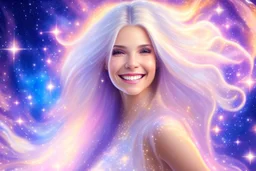 very beautiful cosmic women with white long hair, smiling, with cosmic dress and in the background there is a bautiful sky with stars and light beam