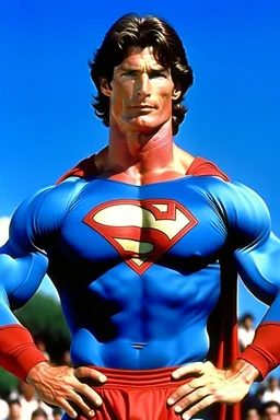 extremely muscular, short, curly, buzz-cut, military-style haircut, pitch black hair, Paul Stanley/Elvis Presley/Pierce Brosnan/Jon Bernthal/Sean Bean/Dolph Lundgren/Keanu Reeves/Patrick Swayze/ hybrid, as the extremely muscular Superhero "SUPERSONIC" in an original patriotic red, white and blue, "Supersonic" Super suit with with an America Flag Cape,