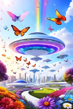 colors, very beautiful, flowers garden,rainbow, cité très futuriste ultra moderne, ufos rainbow, ufos fleet, intergalactic, birds, butterfly