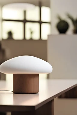 table lamp philips inspired by mushroom , aesthetic modern style design , wood material , plastic material ,futuristic design,.