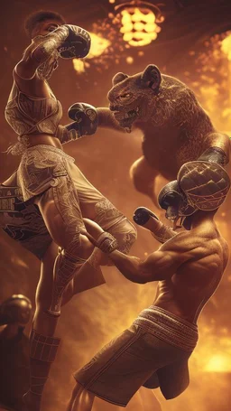 kickboxers in the ring, perfect composition, hyperrealistic, super detailed, 8k, high quality, trending art, trending on artstation, sharp focus, studio photo, intricate details, highly detailed, wide borders