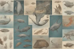 different variations of marine animals montage science book style