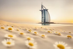 Burj al arab, made of daisy flowers in the sand in the sunshine, watercolor and black ink outlines, sparkling golden glitter, ethereal, cinematic postprocessing, bokeh, dof