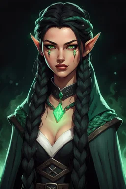 Young beautiful female Hexblood warlock character. Lightly tanned skin. Long straight jet-black hair to the waist. Half-up hairstyle with two loose Dutch braids on each side. Bright glowing pale emerald-green eyes. Delicate face. High cheekbones. Full lips. Soft smile. Slightly pointed ears. Faint dark vine-like markings on neck and collarbone. Black cloak. Realistic dark fantasy. Highly detailed. Cinematic lighting.