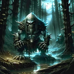 Fantasy illustration of a Anime of a good norse necromancer troll living i the black forest in the north