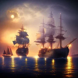 Fantasy city, cove, dock, night, ships, large