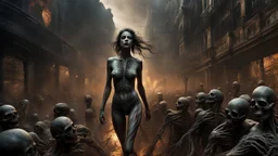 a horrifying female banshee leading an army of rotting zombies through burning city. the naked truth. fantasy setting. h.r. giger. armor melted into the skin. blood. intense horror. blind terror. scared to death. a masterpiece, fantasy concept art, dynamic lighting, hyperdetailed, intricately detailed, deep color, Unreal Engine, volumetric lighting, Epic cinematic brilliant stunning intricate meticulously detailed dramatic atmospheric maximalist digital matte painting