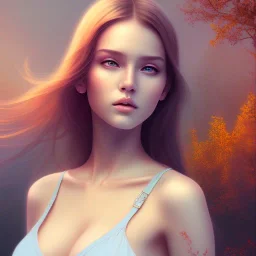 Insanely portrait of beautiful girl, beautiful face, sunny, relaxing, sea, trees, real details, hyper photo realistic, anime style, glowing forest, 8k