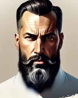 "MIddle aged white human male, with a trimmed but uneven beard, piercing eyes with slick back hair, full-scale head and shoulders portrait, 8k resolution concept art portrait by Greg Rutkowski, Artgerm, WLOP, Alphonse Mucha dynamic lighting hyperdetailed intricately detailed Splash art trending on Artstation triadic colors Unreal Engine 5 volumetric lighting Splash art fantasy"