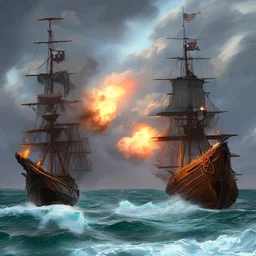 Two pirate ships fight each other at sea. Firing cannons.