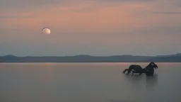 evening calm atmosphere, lake + moon, figure of a horse rider on the horizon