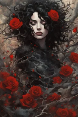 abstract creation of a beautiful girl with black curly hair, surrounded by black and red roses, wrapped in thick bushes of thorns, glass petals on the ground, winter and bright colours,dried out thorn bush, chaos,