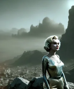 Ultra Realistic retro sci-fi 1960 scene, waist up view portrait, blonde woman, sweet young Marilyn Monroe face, perfect iris, tight latex coat, Strange planet background, Retro sci-fi tight style, sphere dron, fog, rain, soft color, highly detailed, unreal engine 5, ray tracing, RTX, lumen lighting, ultra detail, volumetric lighting, 3d, finely drawn, high definition, high resolution.