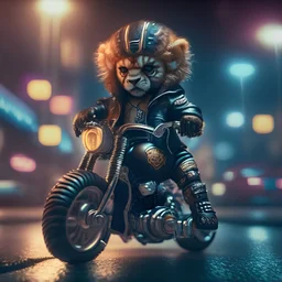 A Sharp Kawaii tiny hyper realistic baby lion riding mini harley davidson, wearing bikers clothes with kick boxing action, night of cyberpunk city background. wide angle full body, 8k, Cinematography, photorealistic,epic composition Unreal Engine,Cinematic, Color Grading, Portrait Photography,Ultra-Wide Angle, Depth of Field, hyper detailed