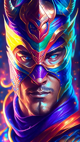 Full body ultra realistic image of superhero man with stylized dragon mask over his eyes and forehead cosmic energy, colorful, painting burst, beautiful symmetrical face, nonchalant kind look, realistic round eyes, tone mapped, intricate, elegant, highly detailed, digital painting, artstation, concept art, smooth, sharp focus, illustration, dreamy magical atmosphere, full body