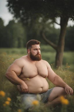 full figure photography, shy muscular big fat chubby, 35mm lens, burly italian man short hair, 27 years old sitting in the meadow with a flower in a hand, near a big farm , red short beard, , hairy armpits, manly armpits, ugly, manly chest, hairy chest, big shoulders, , huge belly, manly chest, shirtless, with boxer, emotive eyes, photorealistic , dim side light, ambient occlusion, side view, poetic composition, golden ratio