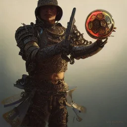 Insanely detailed photograph of an “ armored male mariachi holding glowing D20” with intricately detailed Sombrero, intricate charo, hyperdetailed painting by Ismail Inceoglu Huang Guangjian and Dan Witz CGSociety ZBrush Central fantasy art album cover art,8K, hdr, mysterious, flickeringlights ,Stoic