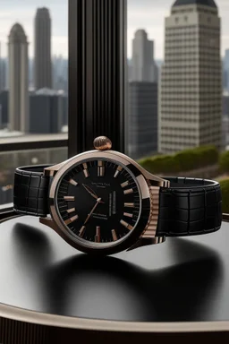 : Contrast the Monarch watch against the bustling cityscape or a contemporary skyline, reflecting the juxtaposition of modernity and classic style.