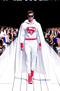 Superman on a fashion runway like Balenciaga Style street wear white tones