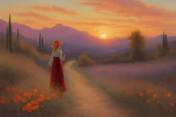 beautiful sunset, one woman looking a flowers, mountains, pathway, gothic disturbing influence, witchcraft influence, rodolphe wytsman, jenny montigny, and friedrich eckenfelder impressionism paintings