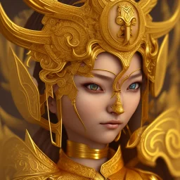 statue 3D japanese viking Girl gold, Thai pattern, Thai dress, detailed pattern, pattern, template, prototype, weaving gold 4k golden face wing golden eyes