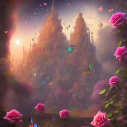 psychedelic giant roses and tiny flying butterflies and lost city in the background 3D mystic ambiance