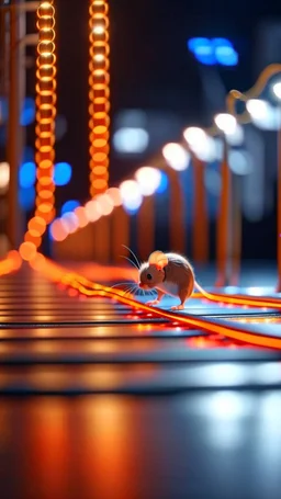 racing mouse crossing tiny bridge on glowing neon racing track for rc scooter, shot on Hasselblad h6d-400c, zeiss prime lens, bokeh like f/0.8, tilt-shift lens 8k, high detail, smooth render, down-light, unreal engine, prize winning