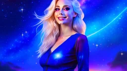 Full body portrait of a peaceful ((smiling)) gorgeous blonde Goddess of the galaxies with a blue indigo purple skin, high skul, luminous eyes in a galactic sunset