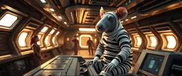 9️⃣ Crew Euphoria "Inside spaceship bridge and hallways. Crew visibly relaxed and productive. Giant mummy rat in prisoner black and white suit, sits confidently on console, alert but calm, bandages clean, eyes intelligent and sly. Stasis rat pod subtly visible. Warm, dramatic lighting, realistic textures, mood calm triumph and satisfaction."