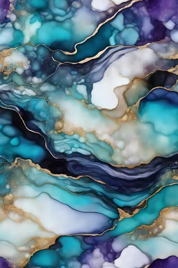 Alcohol ink art tile pattern. Vibrant, fantasy, delicate, ethereal. Sea. Shades of blue, black, teal, purple, turquoise, white. with golden outlines waves on shore. colorful beach. Background ink drip.