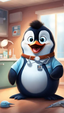 Un pingouin bleu portant l'uniforme d'un dentiste à l'intérieur de la clinique