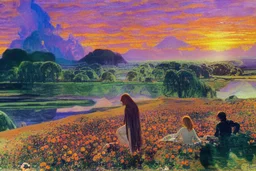 Beautiful epic sunset, logan's run 1976 movie influence, cosmic, people, rocks, holiday influence, river, flowers, very epic and philosophic, walter leistikow, alfred munnings, and hans am ende impressionism paintings